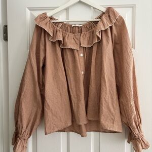 Ruffled Gingham Peasant Blouse - Tan